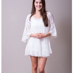 Johnny Was white eyelet detail bell sleeve rayon tunic minidress S